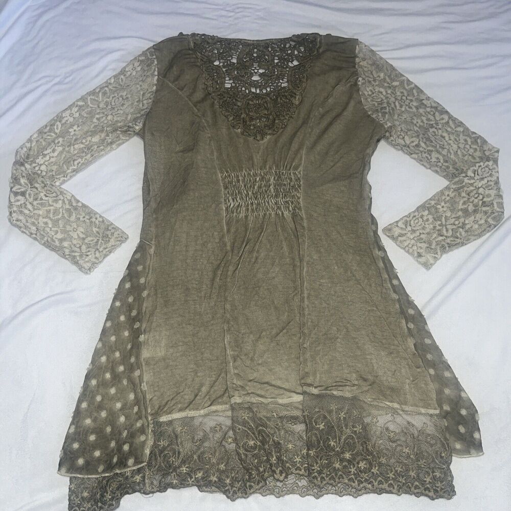 Aziza M Medium Lace Boho Olive Green Dress - Picture 13 of 16